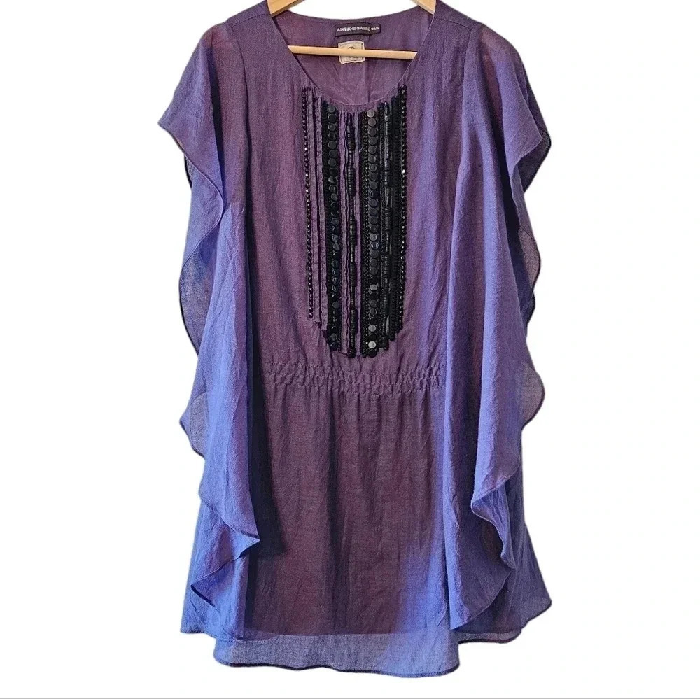 Antik Batik Embellished Draped Ruffle Wool Boho Mini Dress Purple Size Small. - Picture 4 of 16